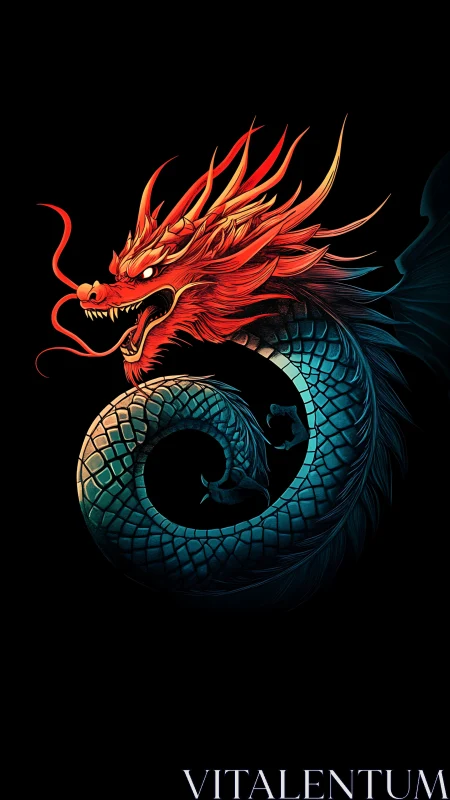 Fiery red serpent dragon coiled on black void background.