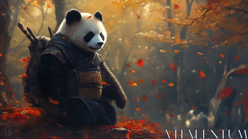 Armored panda warrior sits in autumn forest with falling leaves.