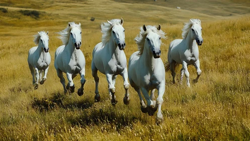 Five white horses galloping through sunlit golden grassland