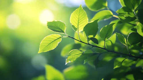 Sunlit Green Leaves Close-Up with Soft Bokeh Background.