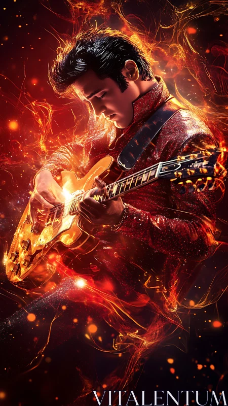 Flaming electric guitarist rendered in high-contrast digital fire