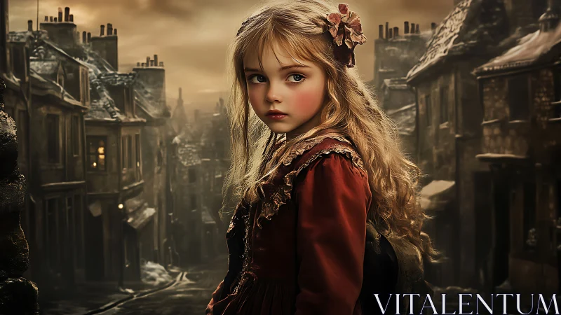 Victorian alleyway portrait of lone child, cinematic grading.