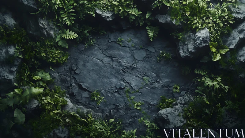 Rock cavity encircled by lush ferns rendered in hyperreal detail