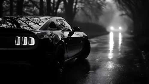 Moody muscle car waiting on a misty, rain soaked road at night.
