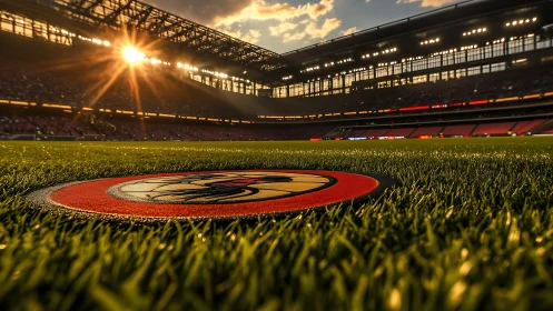 Soccer stadium field logo under warm sunset light period.