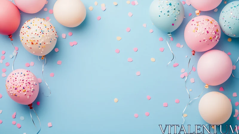 Festive Spherical Composition with Confetti Dynamics on Blue Substrate