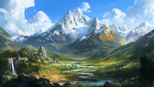 Snow-capped alpine range overlooks valley rivers and stone citadel