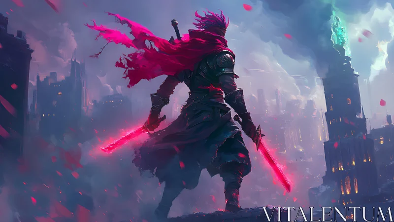 Scarlet warrior overlooks a stormlit dystopian cityscape.