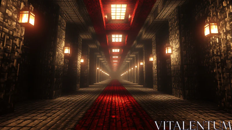 Voxel corridor glows with molten red path and lantern light.