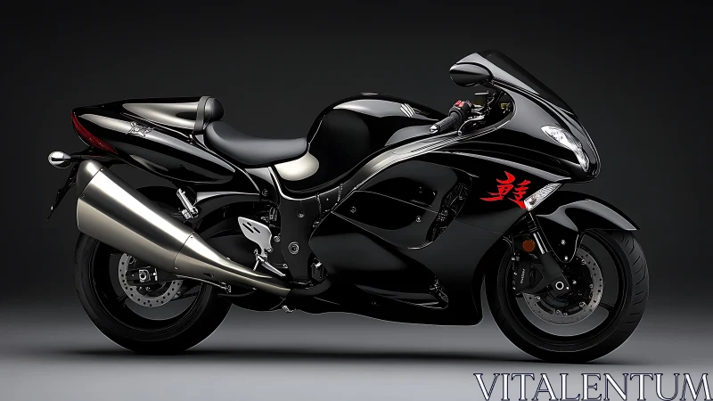 Midnight superbike sculpture gleams with razor calm power.