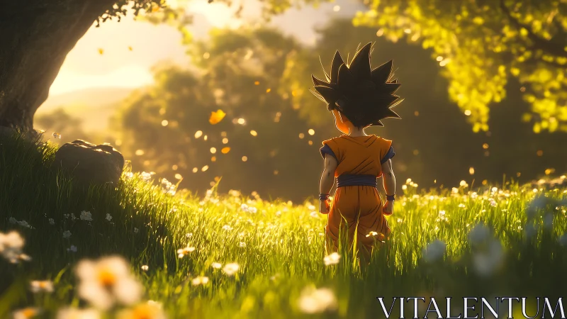 Young martial hero in sunlit meadow with cinematic bokeh glow.