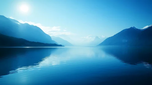 Blue hush over mirrorwater fjord under waking sun.