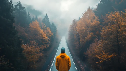 Solitary wanderer on a fog-drenched autumn highway.