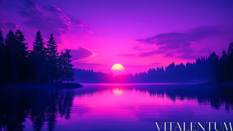 Neon violet sunset over tranquil pine forest lake horizon.