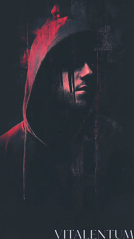 Shrouded hooded figure in red shadows and digital decay.