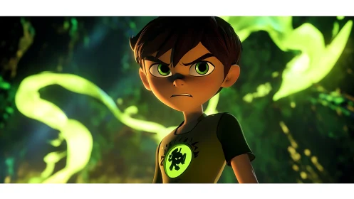 Iridescent energy boy in reactive emissive forest scene.