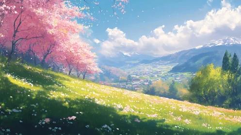 Radiant vernal valley with sakura canopy and alpine backdrop.