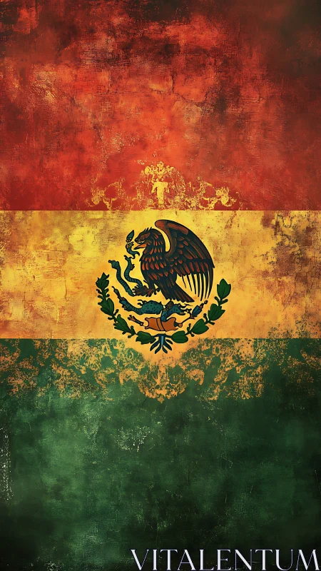 Weathered Mexican tricolor with fierce eagle emblem rising.