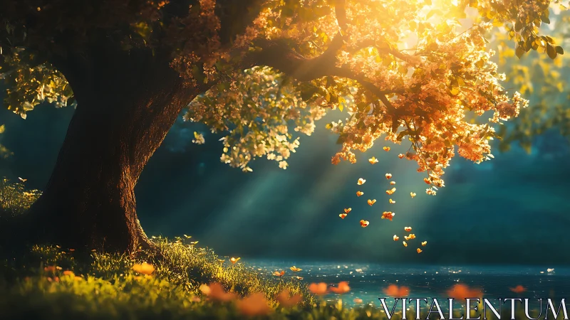 Sunlit blossom tree by a dreamy riverside at golden hour.