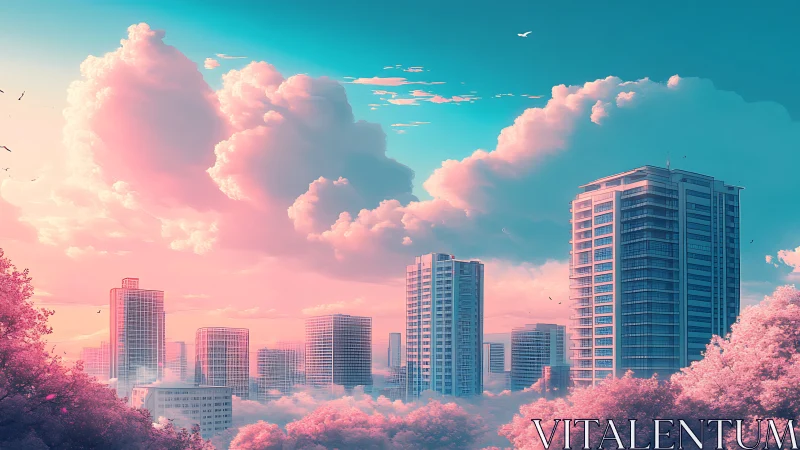 Dreamy cotton-candy skyline over a calm modern city.