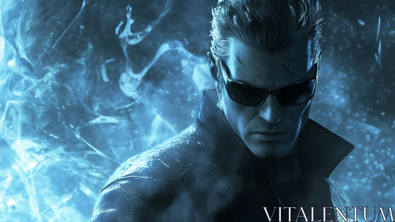 Brooding cybernetic enforcer in icy blue energy storm.