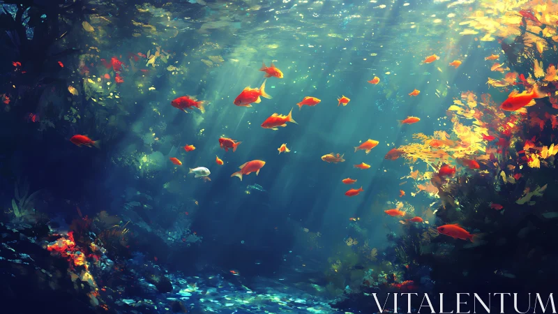 School of orange reef fish in dappled sunlit underwater forest