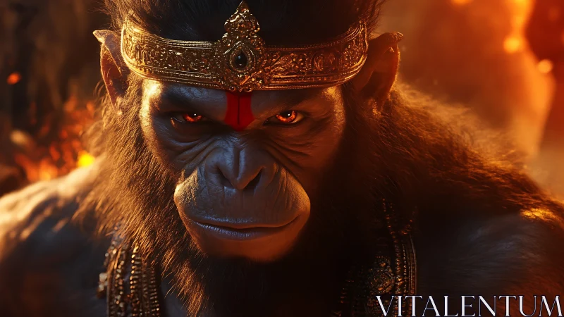 Mythic warrior ape king glares through firelit darkness