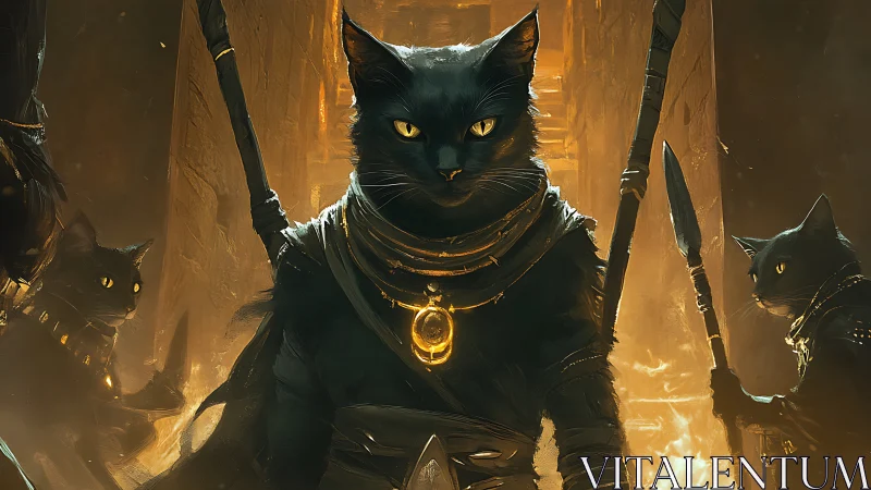Warrior Cats in Golden Temple: Dark Fantasy Military Composition.