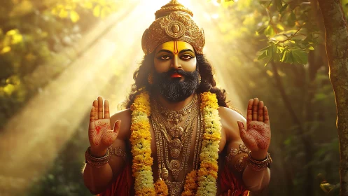 Sun-dappled forest god raises blessing hands in soft radiance