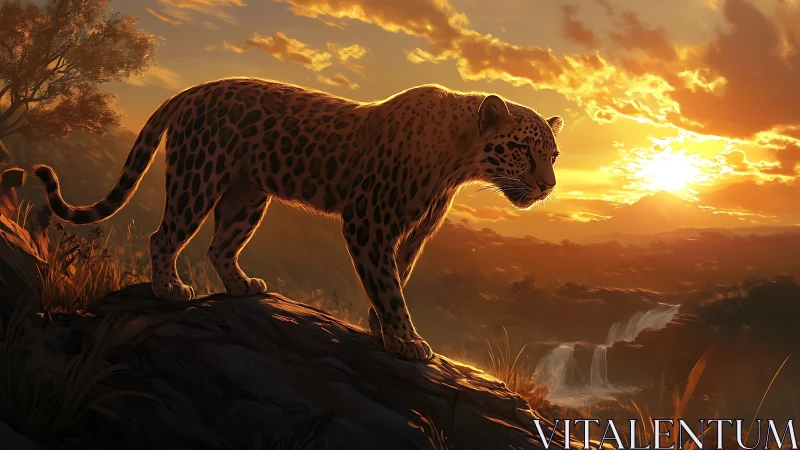 Leopard Prowls Golden Hour Ridge with Distant Cascades