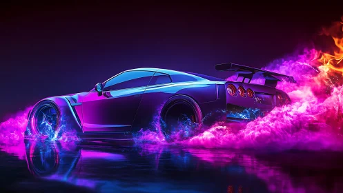 Neon night racer sliding through electric pink smoke.