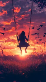 Silhouette of a person on a swing aligned with sunset horizon