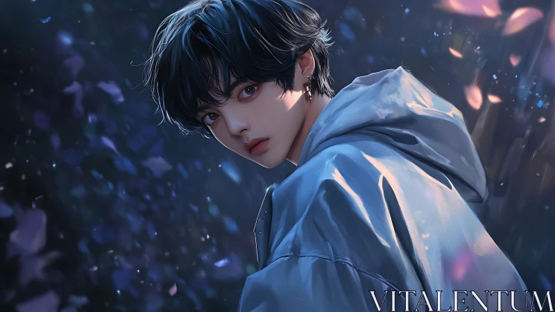 Backlit youth in hooded jacket against bokeh foliage field