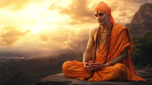 Hindu monk in orange robes meditating on rocky plateau at dawn.