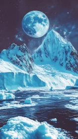 Snow-covered mountains rise over icy water under enlarged moon