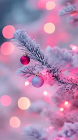 Frosted Christmas tree branch with pink glass ornaments.