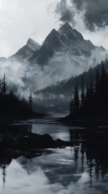 Monochrome alpine peaks rise above misty conifer lake reflection