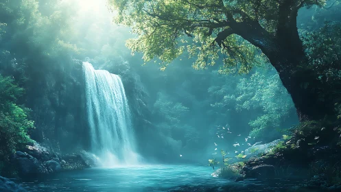 Peaceful hidden waterfall glowing in soft morning light.