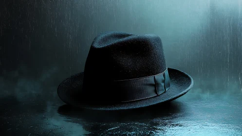 Midnight fedora resting in the hush of falling rain.