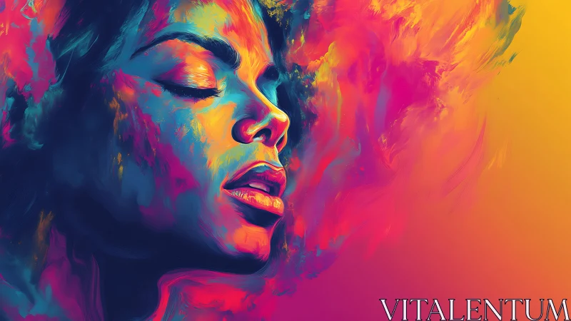 Vibrant portrait melts into swirling neon color field.