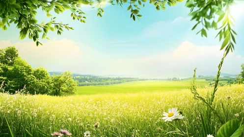 Sunlit wildflower meadow under clear summer sky.