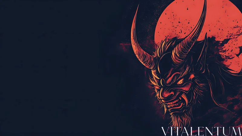 Demonic horned mask face against dark sky and red moon.