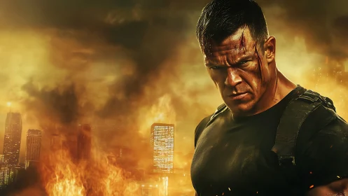 Battle-worn soldier stands before burning urban skyline