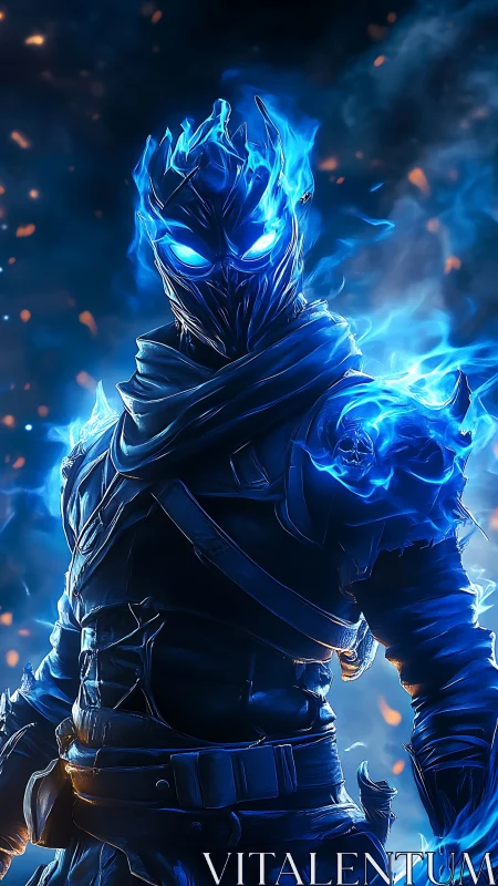 Blue-fire warlock strides from the embers with searing glare