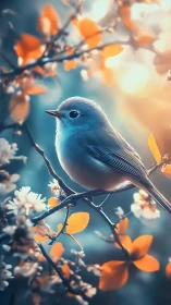 Small songbird perches on branch amid orange and white blossoms