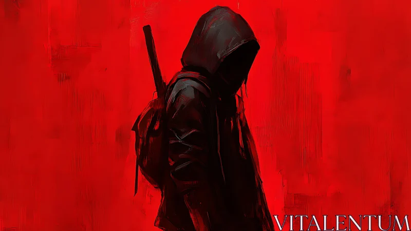 Lone hooded wanderer resting in a bold crimson silence.