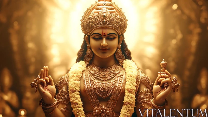 Radiant digital deity icon with ornate golden sculptural detail.