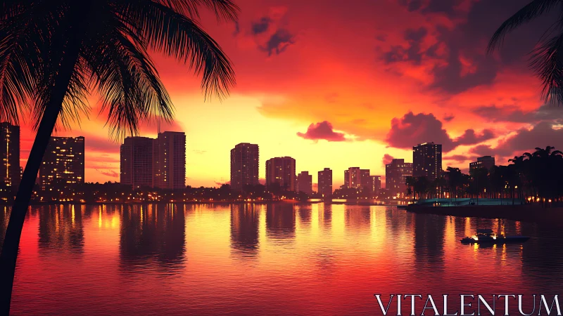 Flaming city sunset cradled by palm silhouettes and water.