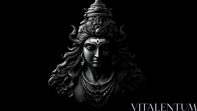 Dark monochrome sculpture of serene Hindu deity head