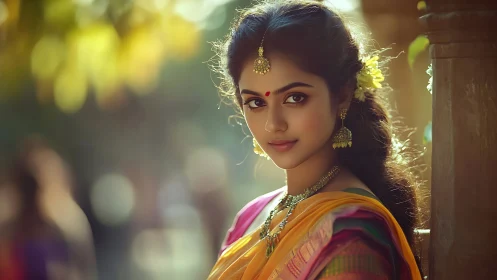 Elegant Indian woman in traditional saree with natural lighting.